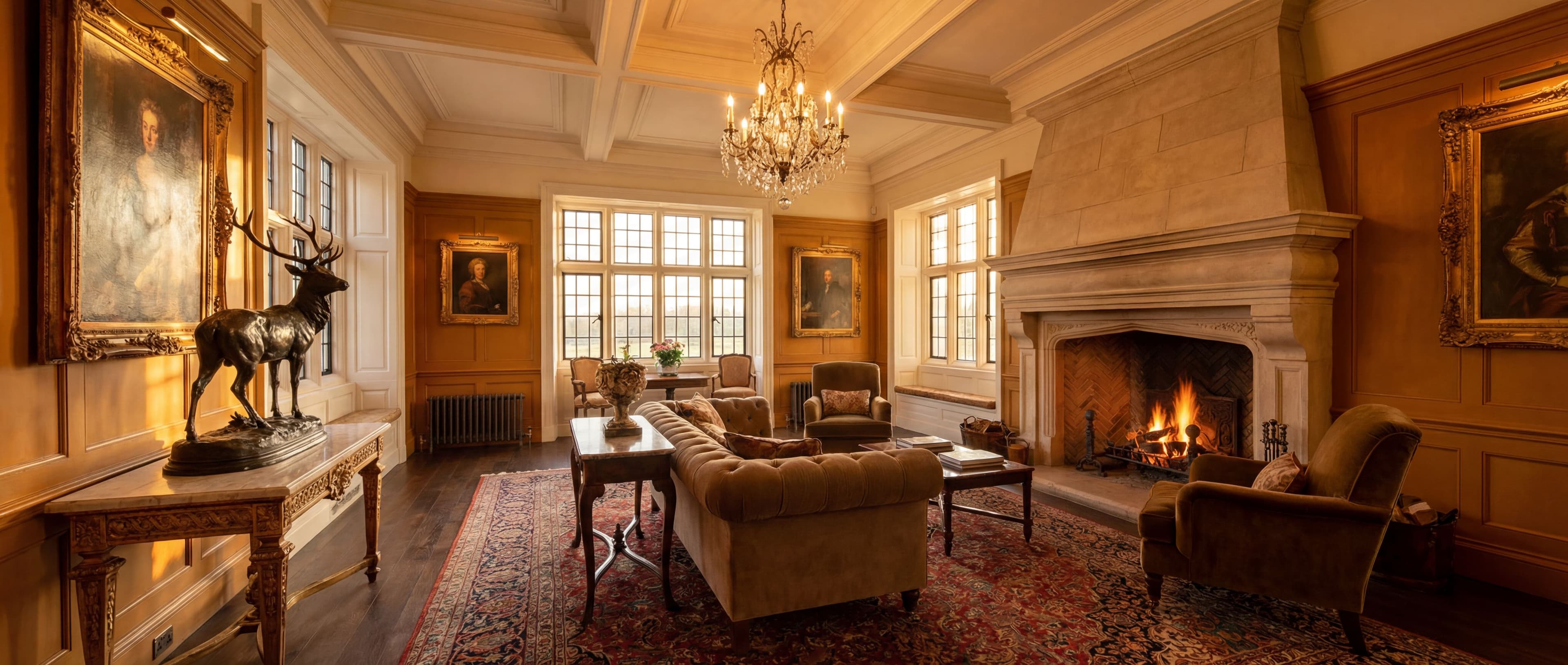 A grand traditional living room with a carved limestone fireplace and bronze sculpture