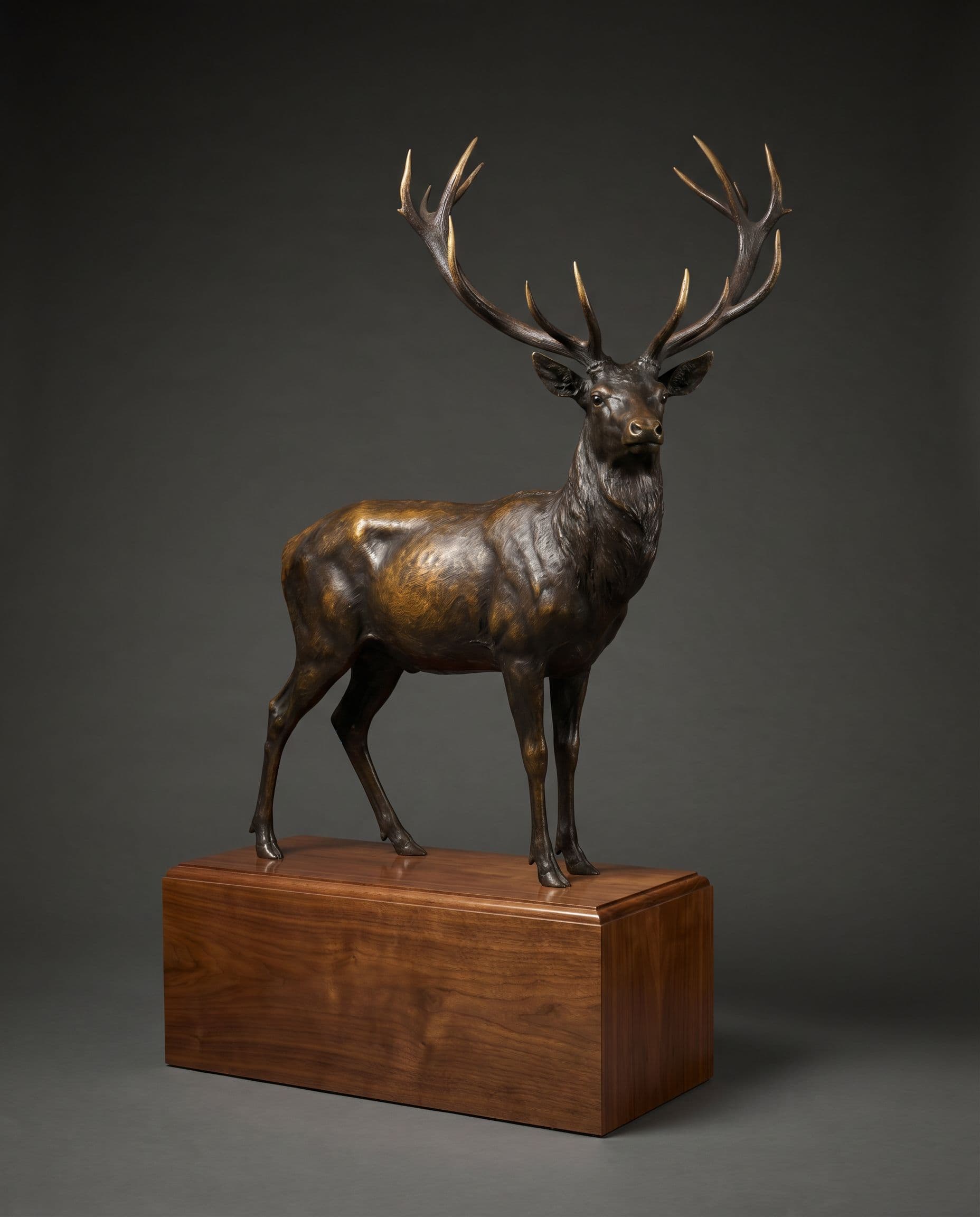 Bronze stag sculpture on a walnut pedestal