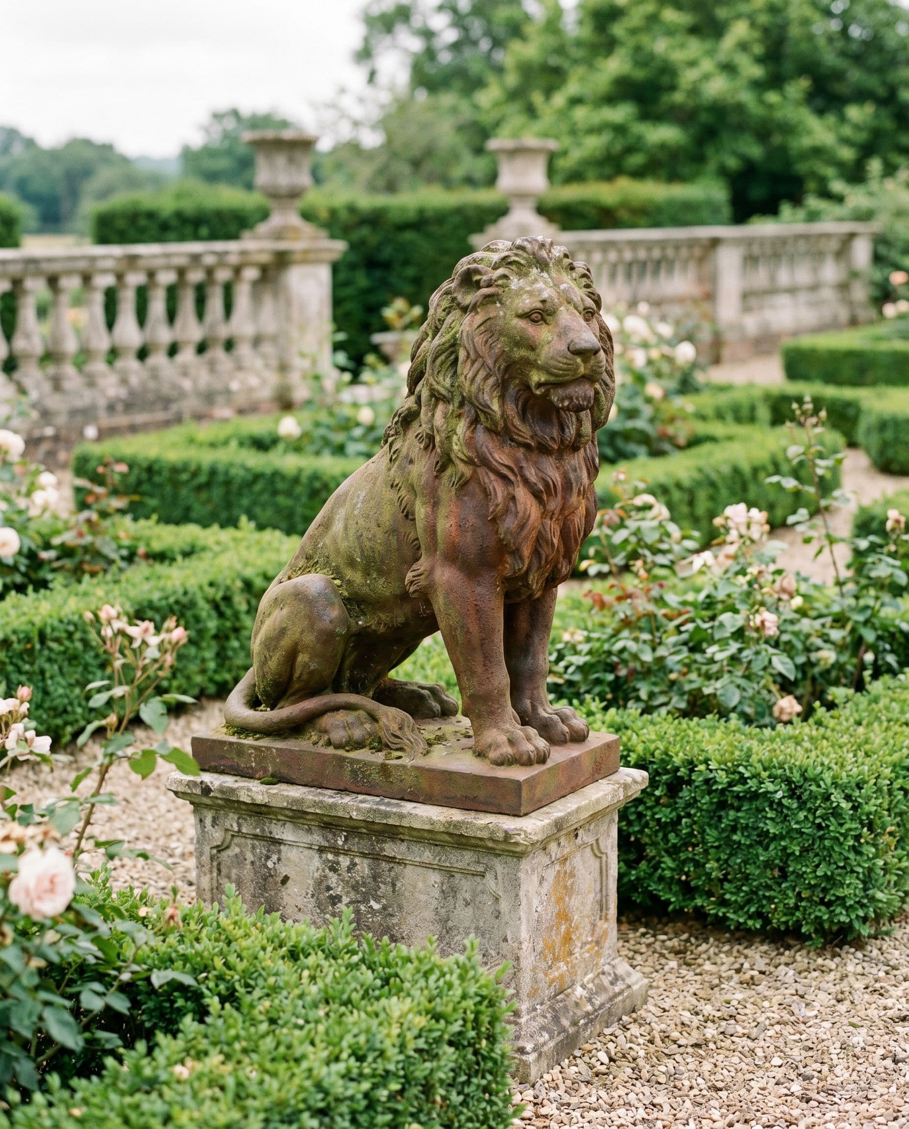 Cast iron garden lion statue on a stone plinth