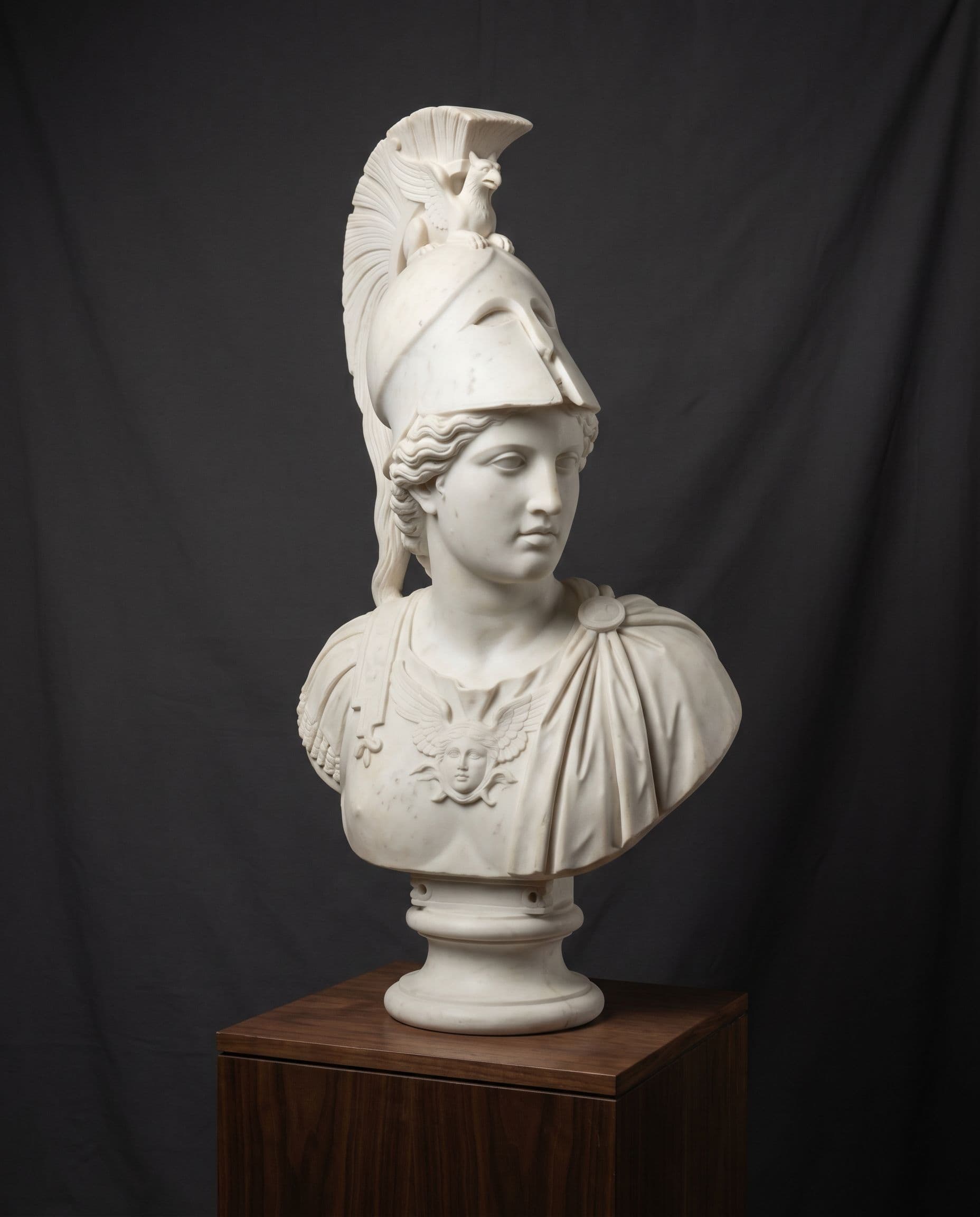 Carrara marble bust of Athena on a dark plinth