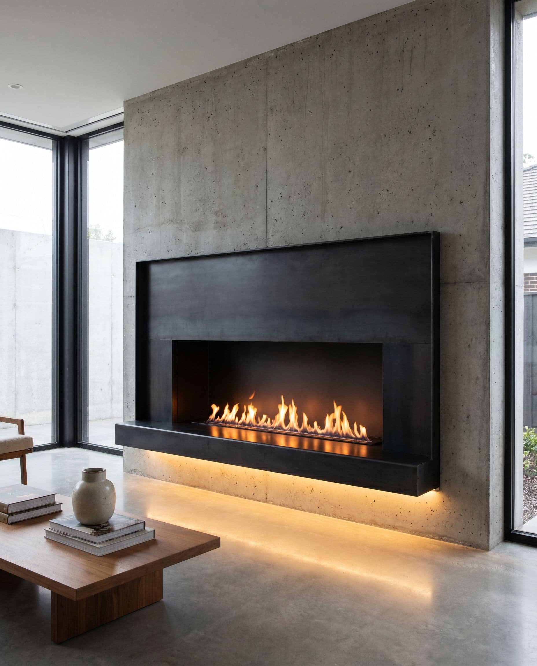 Blackened steel fireplace surround in a modern interior