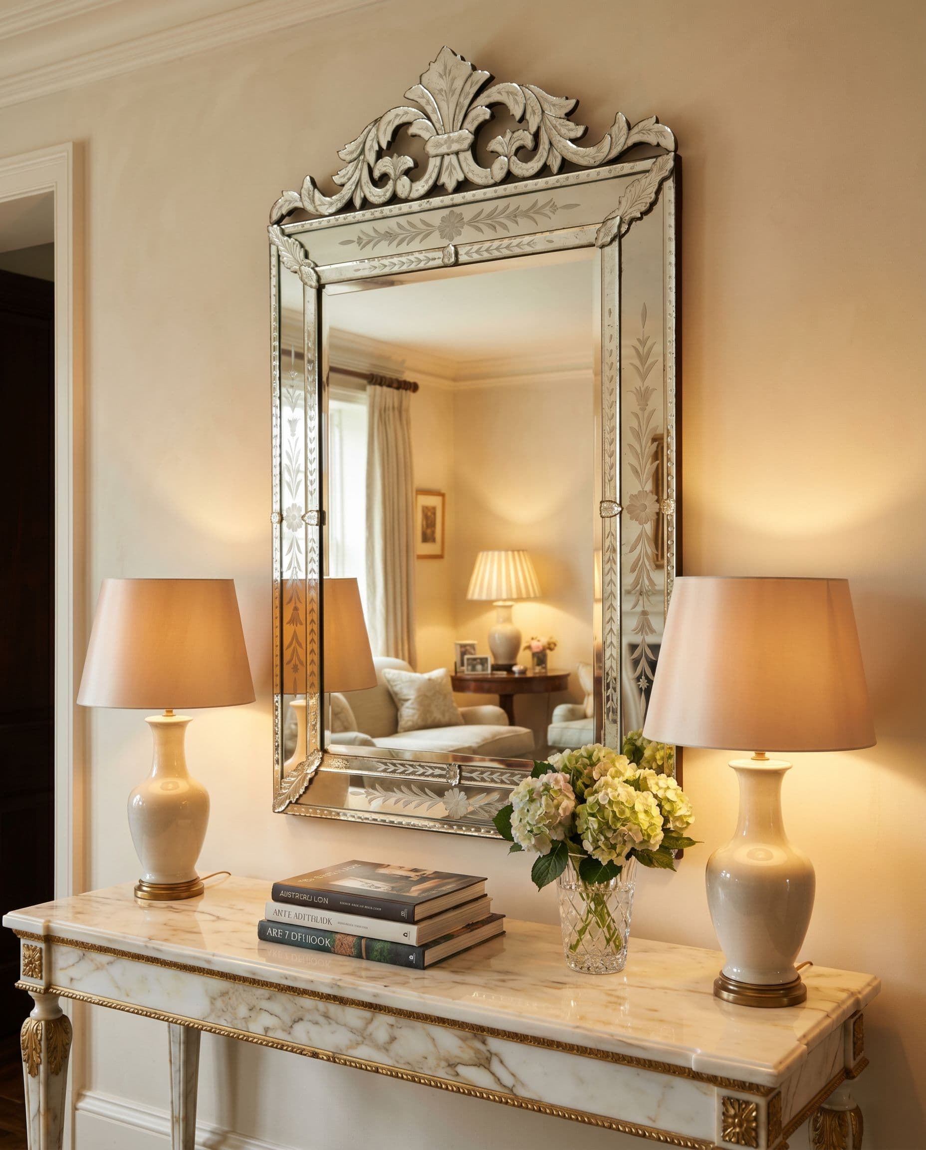 Venetian glass mirror with etched floral frame