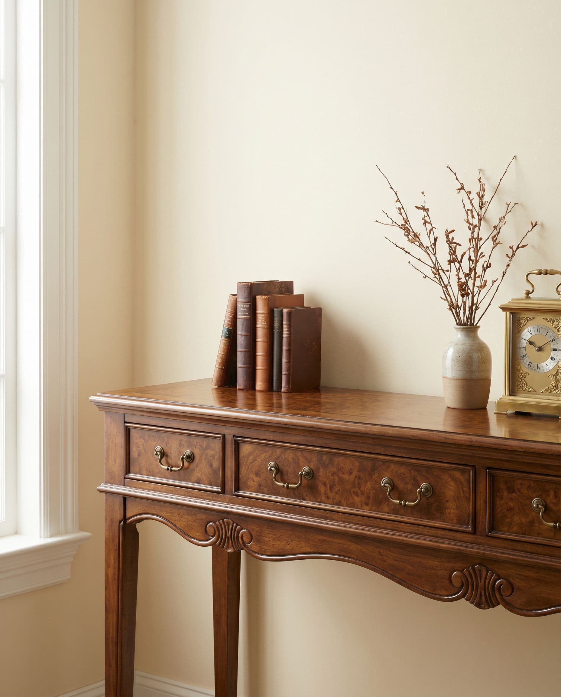 Walnut executive console table with brass hardware